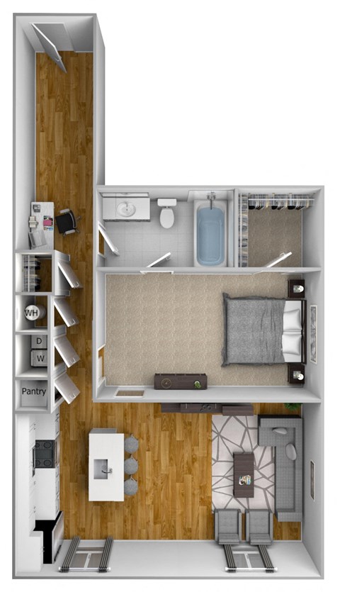 Floor plan for 1 bed, 1 bath, 916 sqft